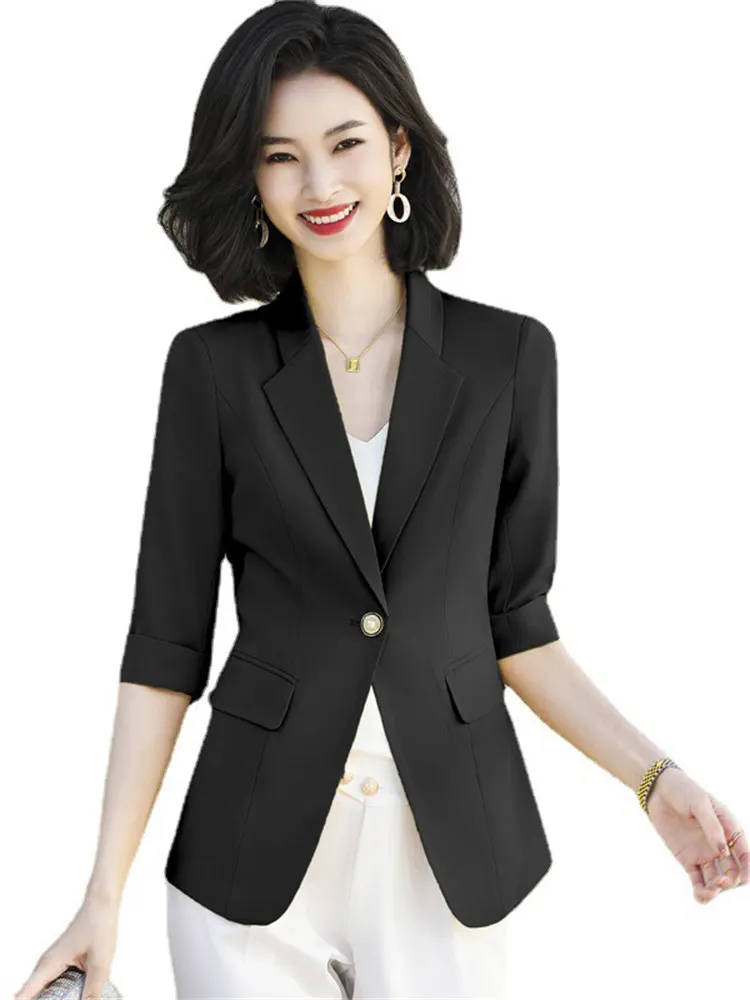 

Summer Thin Suit Jacket Women 2022 New Simple Casual Fashion Slim Temperament All-match Half Sleeve Suit Top Female N1598