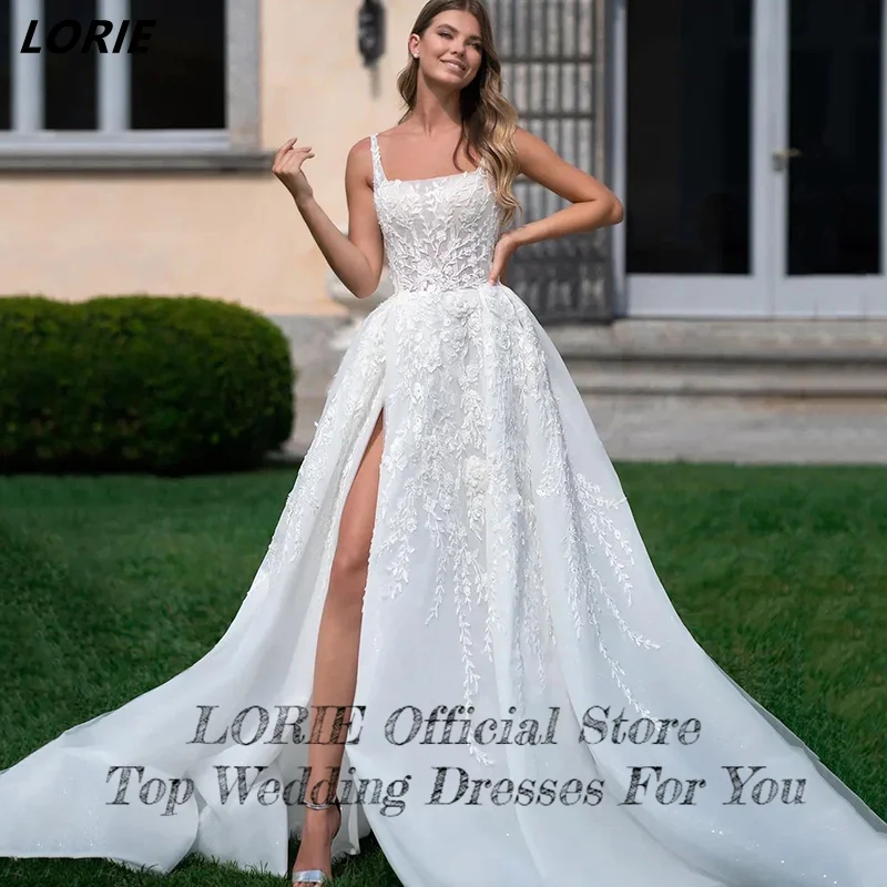 LORIE Side Slit Square Collar Lace Wedding Dresses Sleeveless Backless Appliques A-Line Bridal Gowns Vintage Boho Bride Dress 2