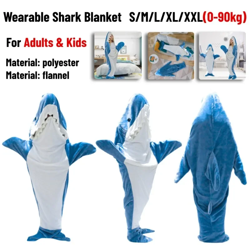 

New Cartoon Shark Pajamas Playsuit Kids Parents Hooded Warm Flannel Blanket Pajamas Homesuit Funny Homewear For Slumber Party