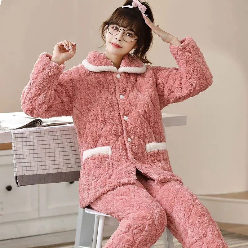 Winter Thick Pajamas Set For Women Warm Sleepwear Loose Pyjamas Homewear  Clothes Flannel Female Pijama Loungewear Trouser Suit