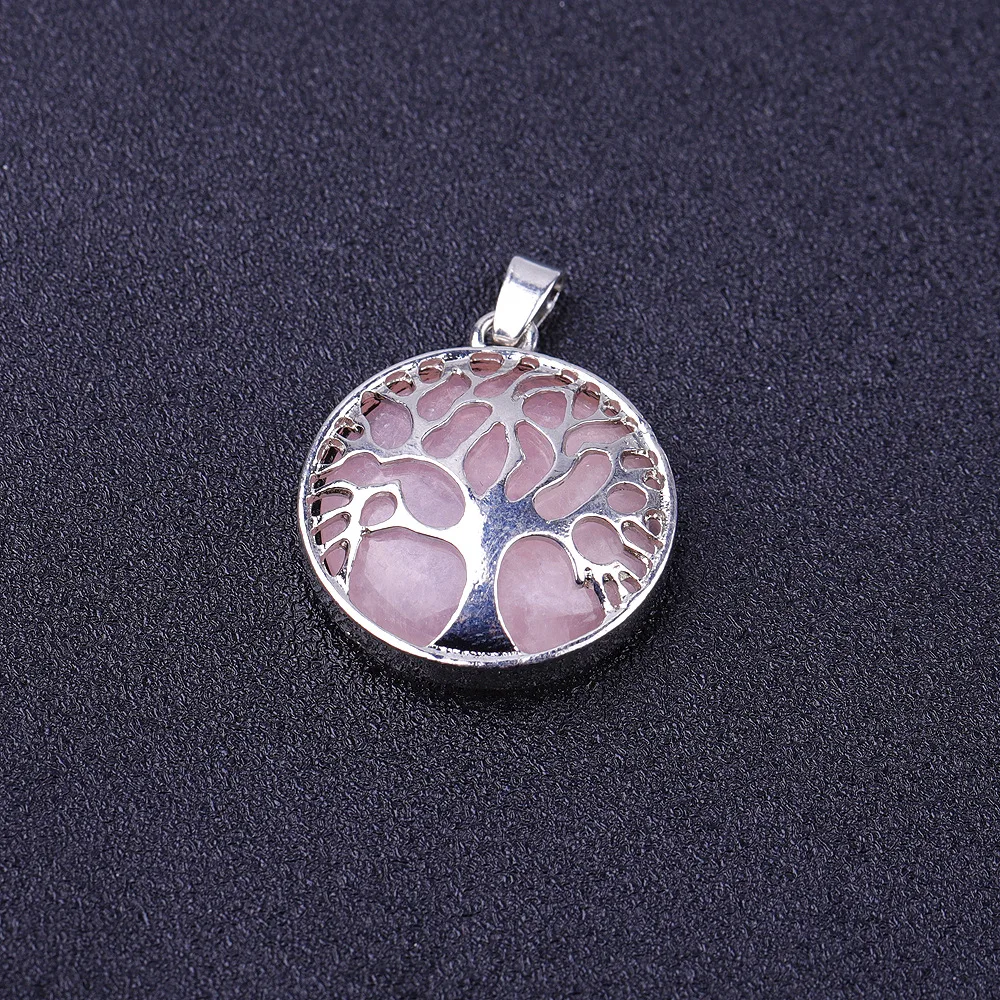 Natural Stone Hollow Tree of Life Pink Tiger's Eye Healing Rose Quartz Crystal Charms Necklaces Jewelry Women