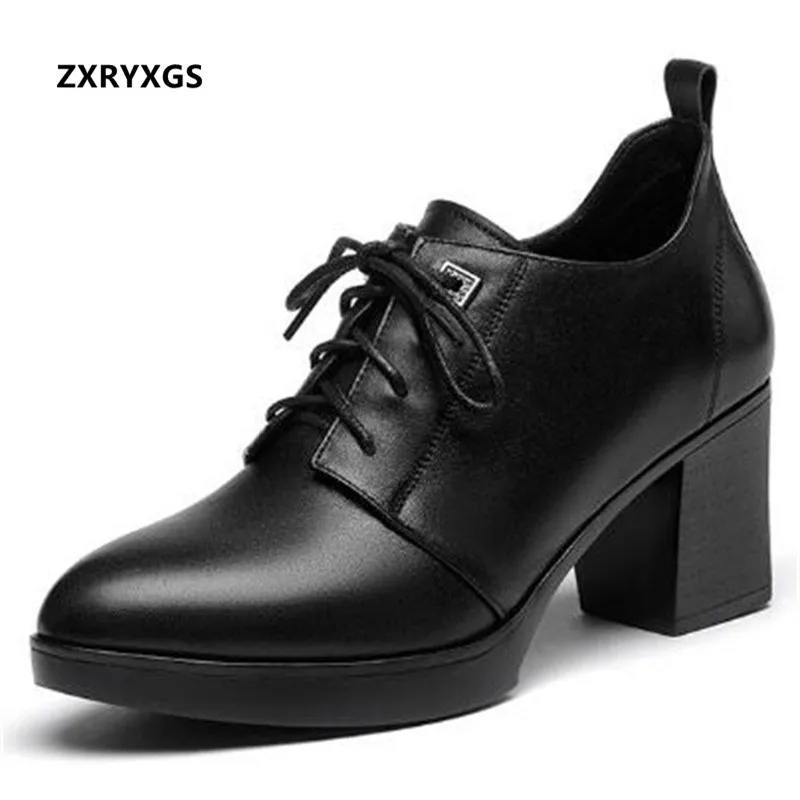 2022 Spring Laceup Full Genuine Leather Shoes Black Pumps Shoes Large