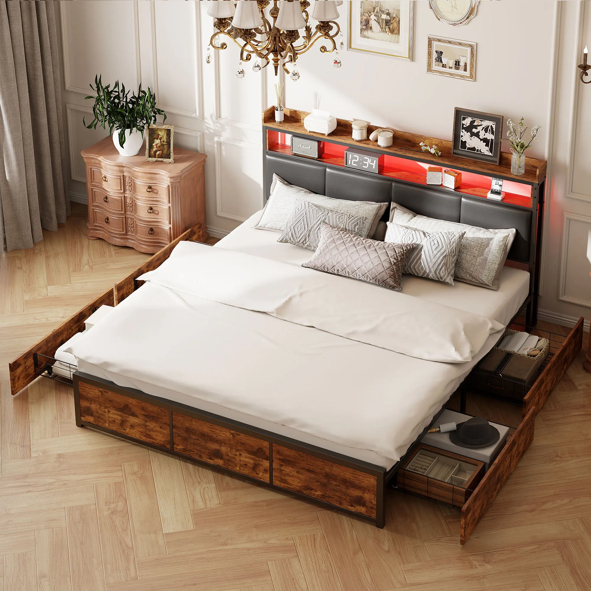 Rosahqnda Gepolstertes Doppelbett mit LED und 4 Schubladen, 140–160–180 x 200 cm, Bett mit Stauraum, Teenagerbett, PU-Kopfteil, Eisenrahmenbett, Schwarz – Detail 9