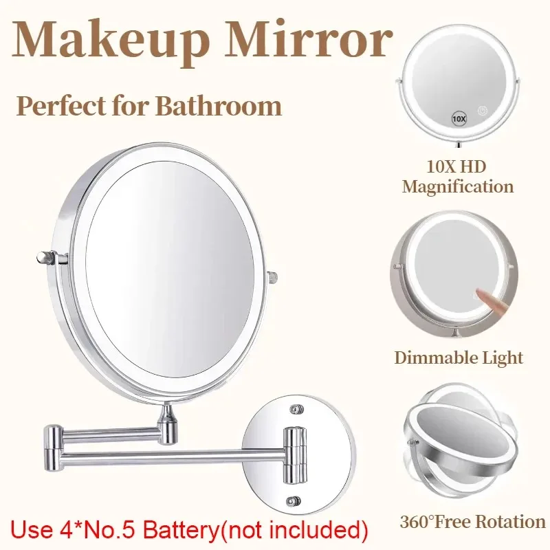 8 inch Makeup Mirror Chrome 3x/5x/7x/10x Magnifying Double Side USB Charging Bathroom 3 color light Smart Cosmetic Mirrors