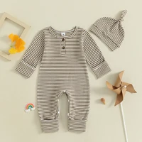 Citgeett Autumn Infant Baby Boys Fall Clothes Romper Stripe Print Long Sleeve Full Length Jumpsuit Hat Outfits Set - Image 6