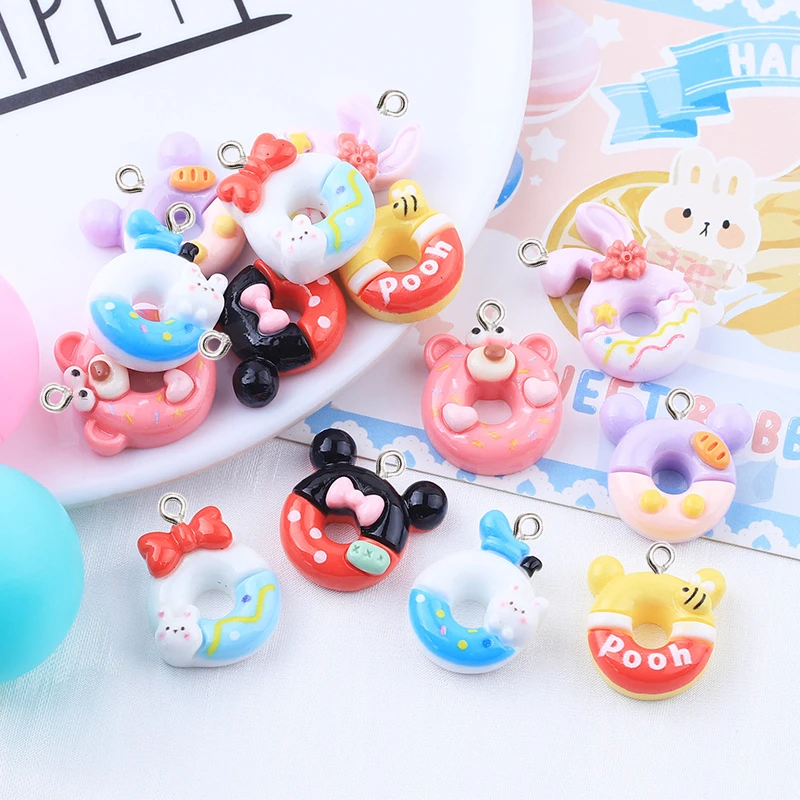 

10Pcs Cute Cartoon Donuts Resin Pendant DIY Bracelet Keychain Creative Accessories Girl Necklace Earrings Jewelry Charm Ornament