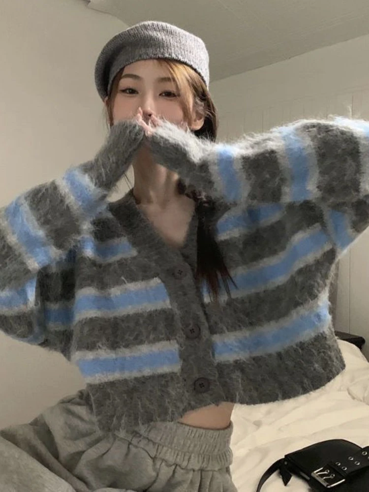

Deeptown Korean Fashion Striped Cropped Cardigan Women Harajuku Vintage Oversized Sweater V-neck Casual Knitwear Tops Streetwear