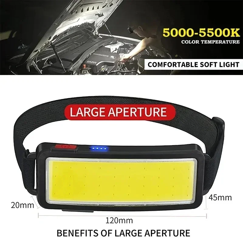 Lampe frontale LED COB puissante rechargeable Type-C intégrée étanche pour pêche camping randonnée