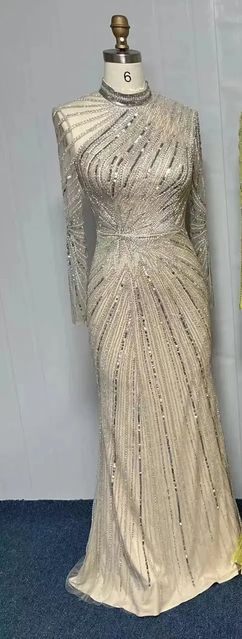 فساتين سهرة إسلامية أنيقة بحورية البحر باللون الأص...