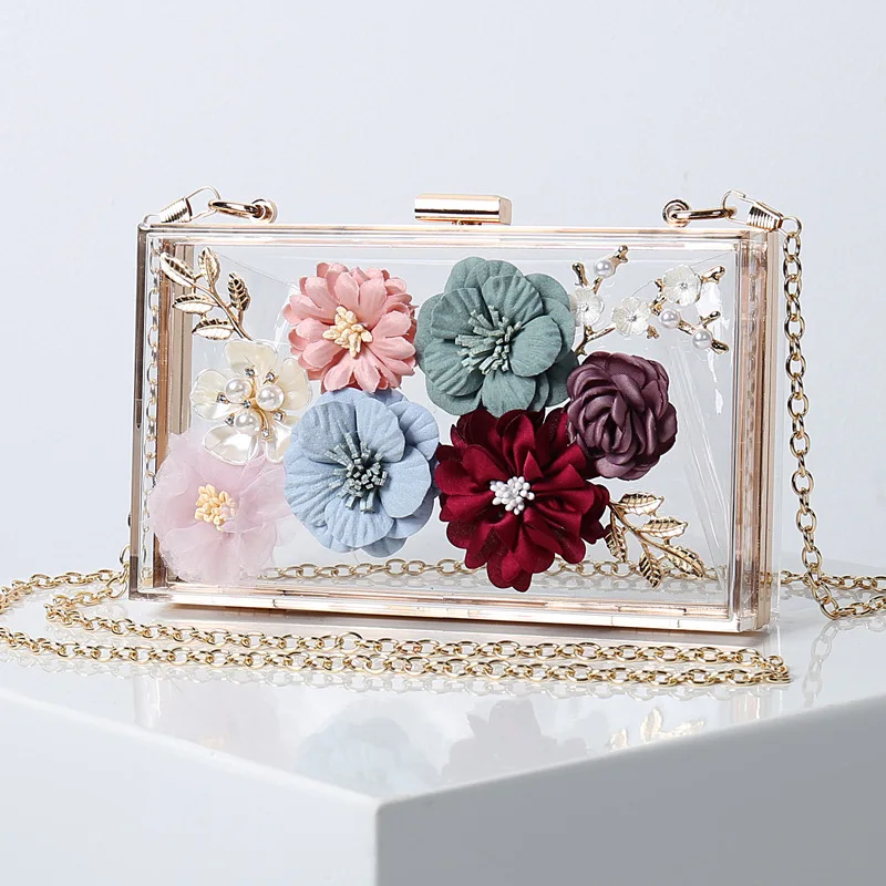 Fashion Transparent Clutch Bag Women Sweet 3D Flower Acrylic Bag