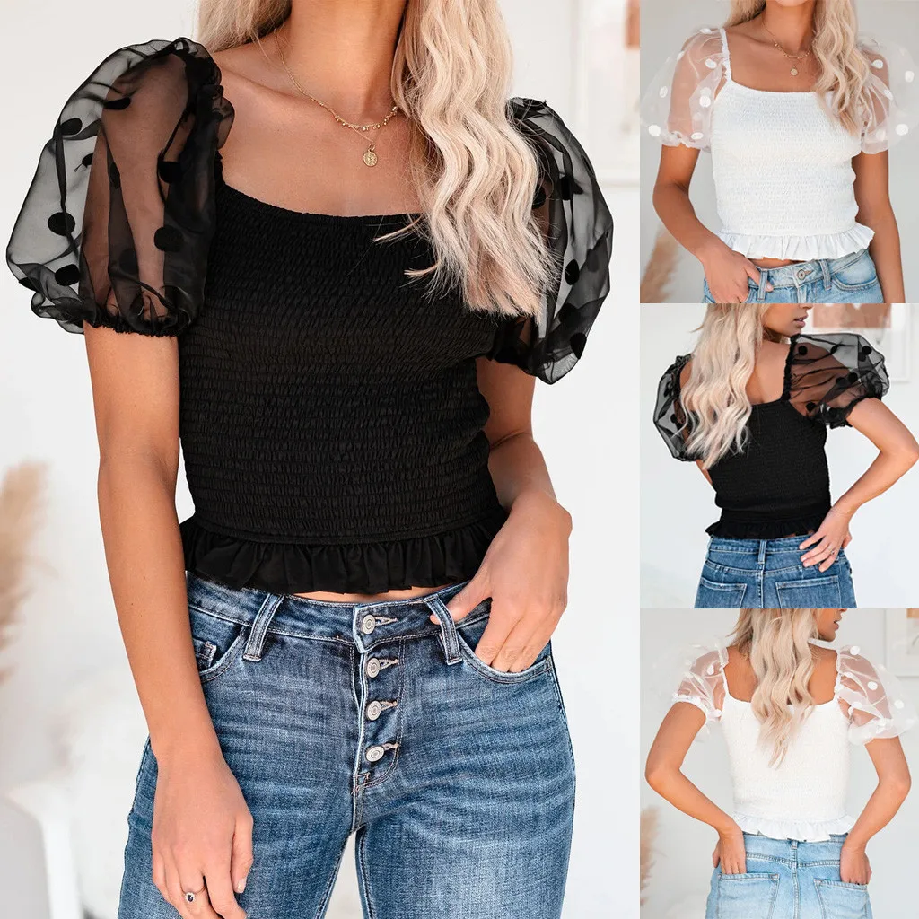 

Fashion Women's Sweet Solid Color Patchwork Round Neck Short Sleeves Blouses Slim Fitting Puff Sleeved LadiesT Shirt Tops