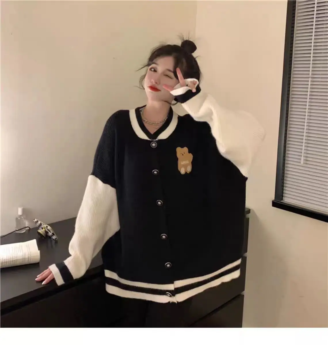 Bear Embroidery Sweater Coat