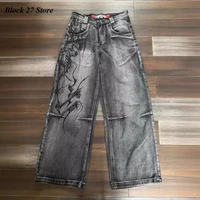 Jean pour hommes Y2K Vintage Streetwear Noir Gris Pantalon en jean à jambes larges Imprimé abstrait Délavé Coupe ample Mode punk foncé 1