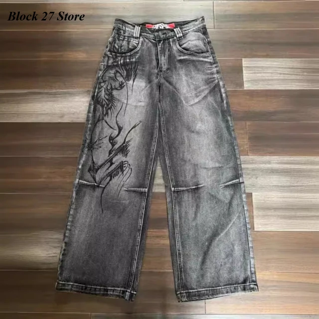 Jean pour hommes Y2K Vintage Streetwear Noir Gris Pantalon en jean à jambes larges Imprimé abstrait Délavé Coupe ample Mode punk foncé 1
