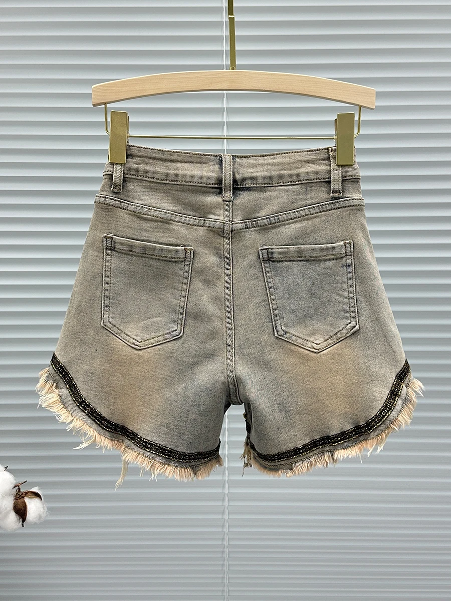 Hot Girl European Beaded Raw Edge Denim Shorts Women Summer New Fashion Streetwear High Waist Slimming Ladies Wide-Legged Pants