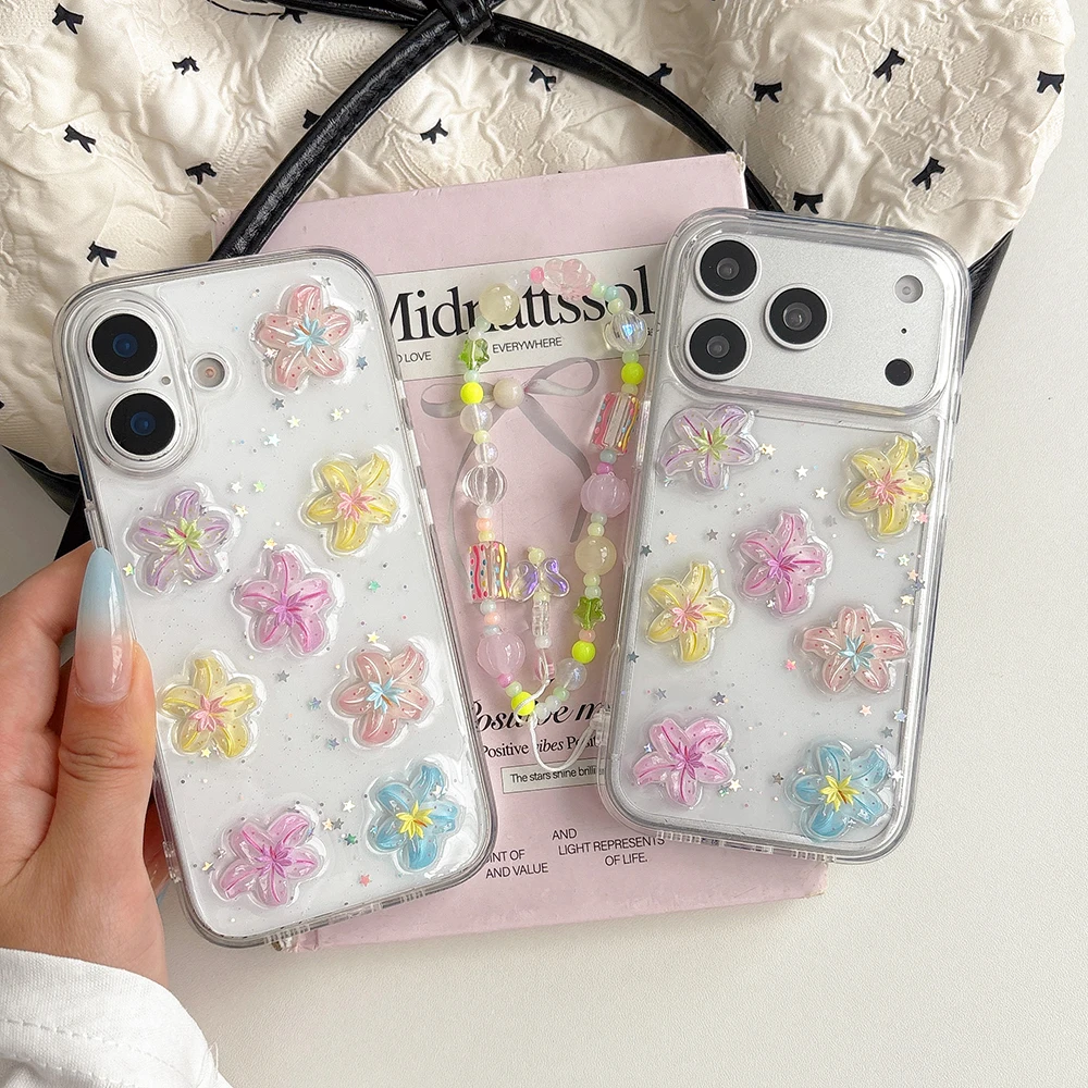 3D Glitter Lily Flower Transparent Phone Case - Cute Clear Soft Bling Shockproof Cover