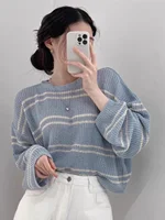 Sun Protection Striped Long Sve Knitted Loose Fit Thin Women's Sweater Chic Autumn Sle Korean Faion round Ne Top
