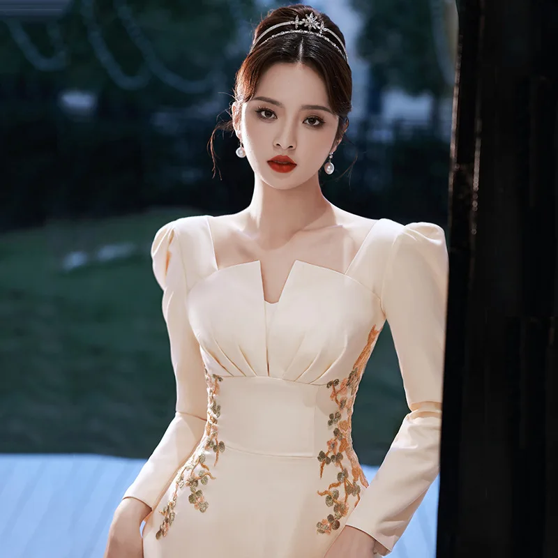 

Elegant Formal Floral Embroidery Evening Prom Party Dress Women Champagne Long Sleeve Ball Gown Vestidos