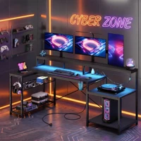 L Shaped Gaming Desk 71" Computer Desk Power Outlets Monitor Stand Adjustable Shelf Cup Holder Hooks Home Office Black 2