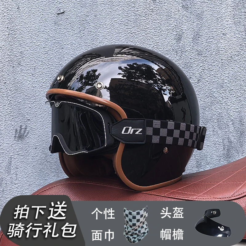 thumbnail image 1 of Casco de motocicleta retro de última generación, abierto, 3/4, para bicicleta tipo chopper, con lente, aprobado por DOT, orz-060, 1 of 5