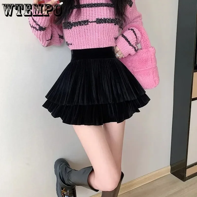 

Velvet Pleated Short Skirt A-shaped High Waist Double Layer Ruffle Edge Cake Skirt Women's Hotsweet Preppy Style Autumn Winter