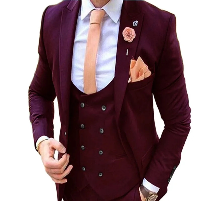 

New Tailor Made Peak Lapel Burgundy Men Suits 2022 Slim Fit Groom Tuxedo 3 Piece Male Blazer +Pant+Vest Costume Homme Mariage