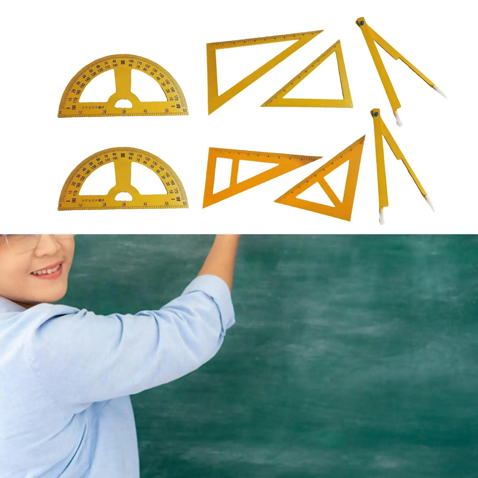 Set of 4 Whiteboard Geometry Instruments, Math Tools Including Protractor And Ruler for Education