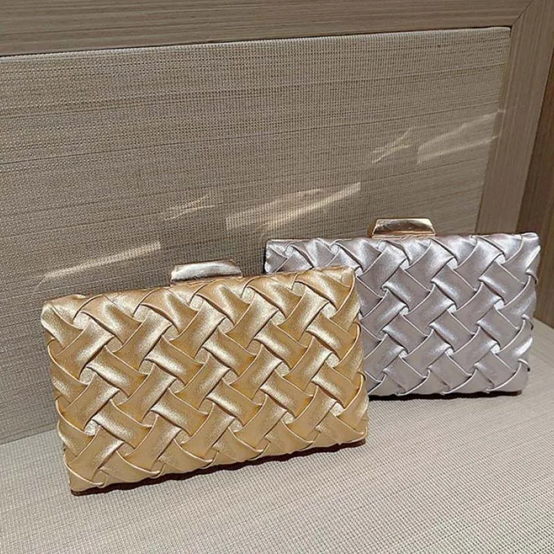 Weaving Satin Clutch Purse Fashion Women Knitting Wedding Party Evening Handbag Lady Shoulder Crossbody Bag Bridal Purse Wallet