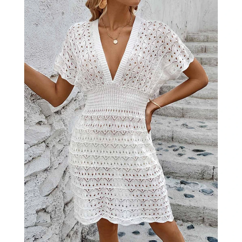 Summer Women See Through Hollow Out Knitted V-Neck Sexy Beach Dress Short Sleeve Short Dresses for Women Swim Cover Up Beachwear