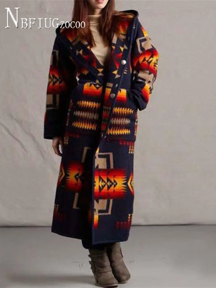

Women Plus Size Aztec Cardigan Women Hooded Long Sleeve Tribe Aztec Coats With Pocket