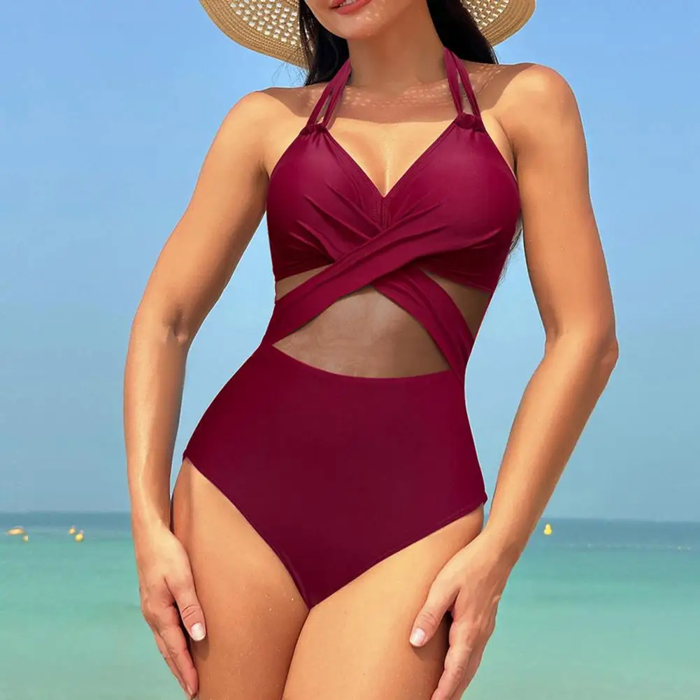 

Однотонный Монокини стильный женский летний пляжный монокини с сеткой в стиле пэчворк с высокой талией и открытой спиной без рукавов Быстросохнущий для A