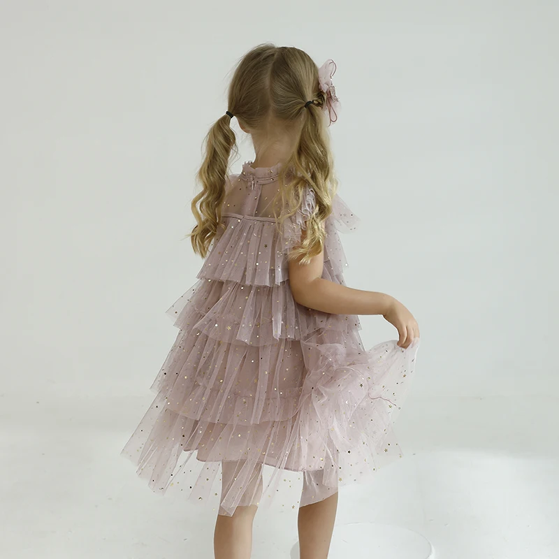 Girls Dress Summer Layers Cake Dress for Girls Sequin Ruffles Sleeve Tulle Tutu Dress Princess Birthday Party Vestidos Elegant Girls Dresses