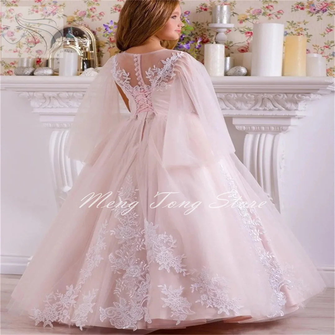 

Flower Girl Dresses Printed Shawl Pink Tulle White Lace Applique Wedding Flower Child's First Communion Birthday Party Dress