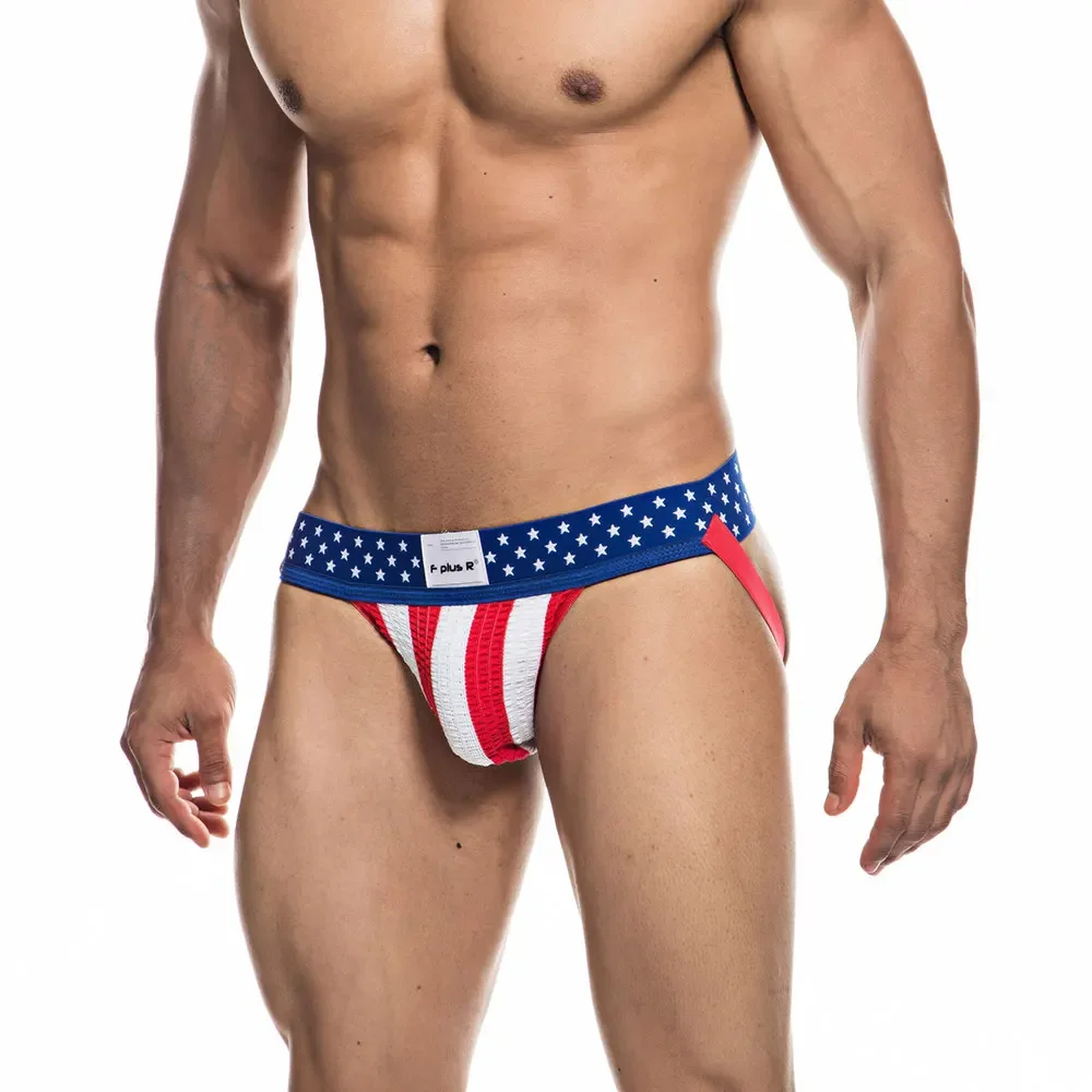 Male Underwear Male Lingerie Men's Jockstrap Athletic Supporters Underwear Sexy USA Flag Gym Workout Breathable Performance Jock Strap G String Thong Gay