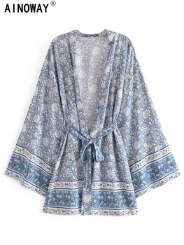 Vintage Chic Women Floral Print Batwing Sleeve Beach Bohemian Short Kimono Dress Ladies Rayon Cotton Bikini Robe Boho Cover-ups 1
