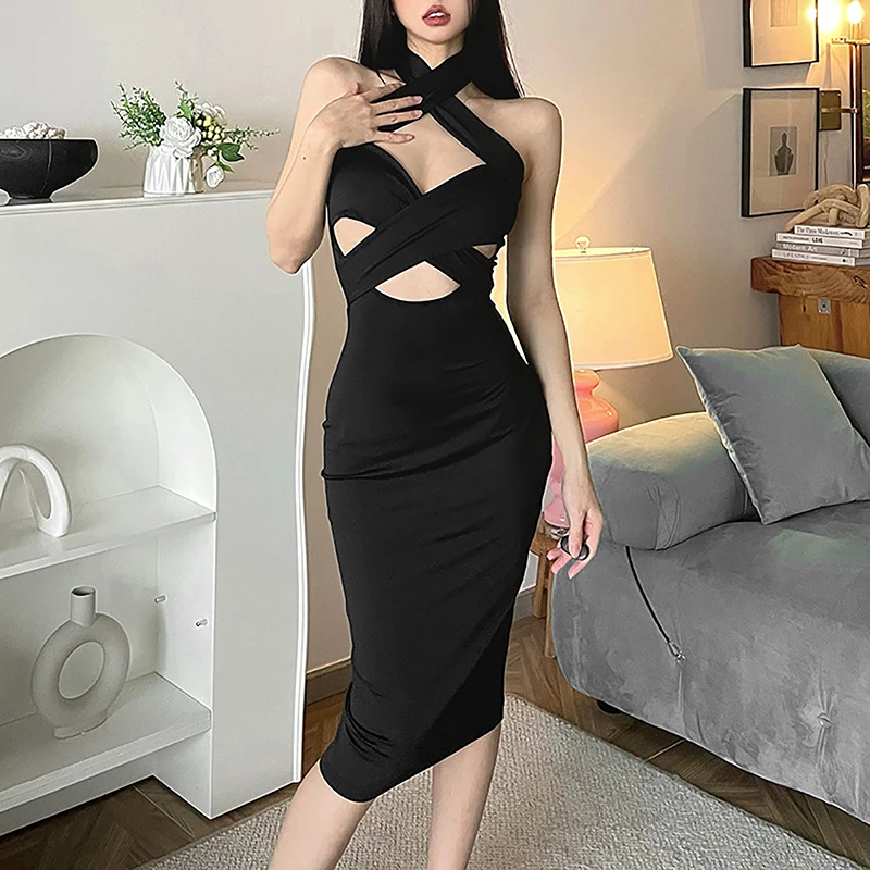 

Sexy Midi Dress Hanging-Neck High Waist Backless Hollow Out Party Club Dresses