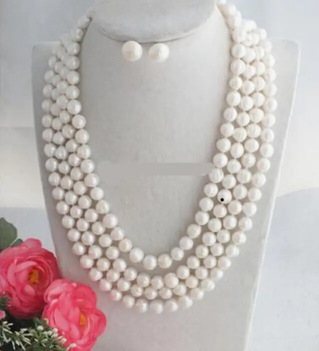 

Beautiful 4 Rows 8-9mm White Freshwater Pearl Necklace Earring Set 17-20"