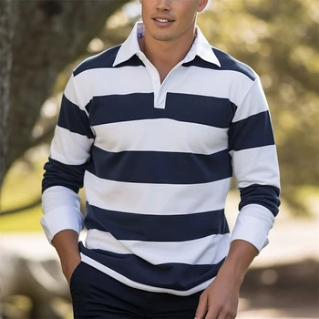 Polo a maniche lunghe a righe da uomo di moda 2025 Top casual traspiranti Polo con stampa 3D con colletto classico ad asciugatura rapida slim fit
