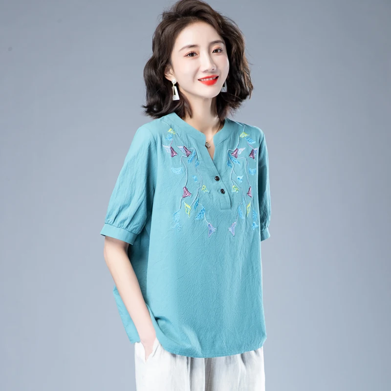 

Fashionable Middle-aged Round Neck Half Sleeve Embroidery Tee Shirt 2023 Summer New Loose Printed Cotton Linen Female Tops T80