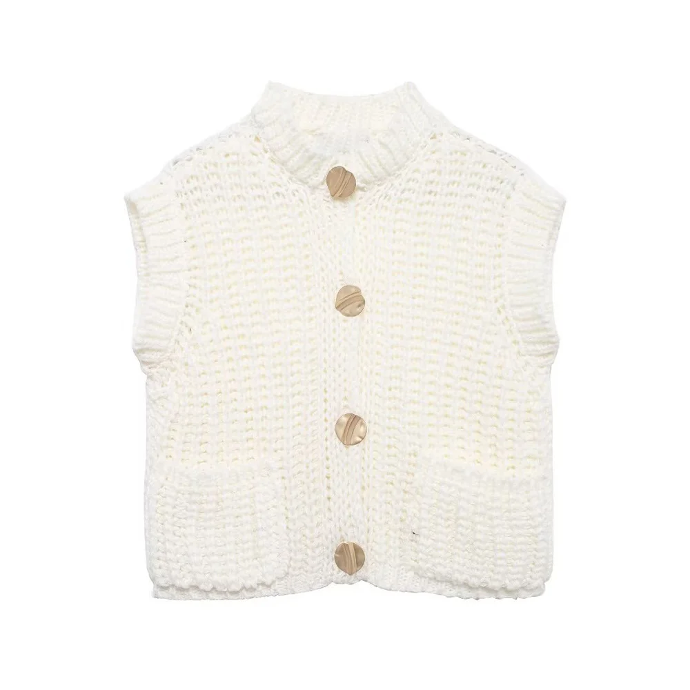 Zach Ailsa women's single breasted pocket cardigan autumn and winter new item thick needle sleeveless round neck knitted vest 4
