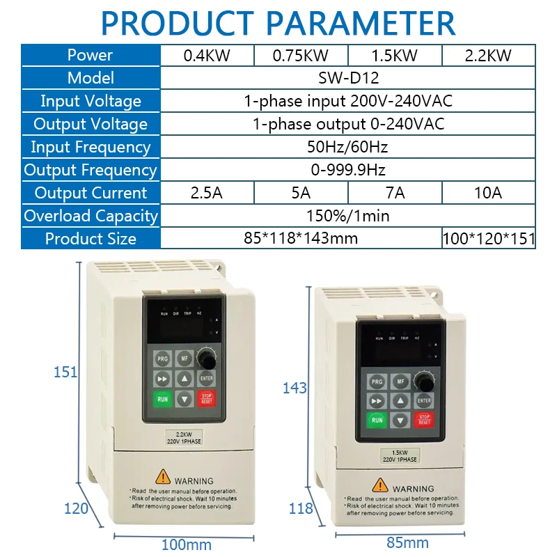 1PH 220V VFD 0.4KW 0.75KW 1.5KW 2.2KW Input 1PH Output 220V Single-phase Submersible Pump Speed AC Drive Frequency Regulator