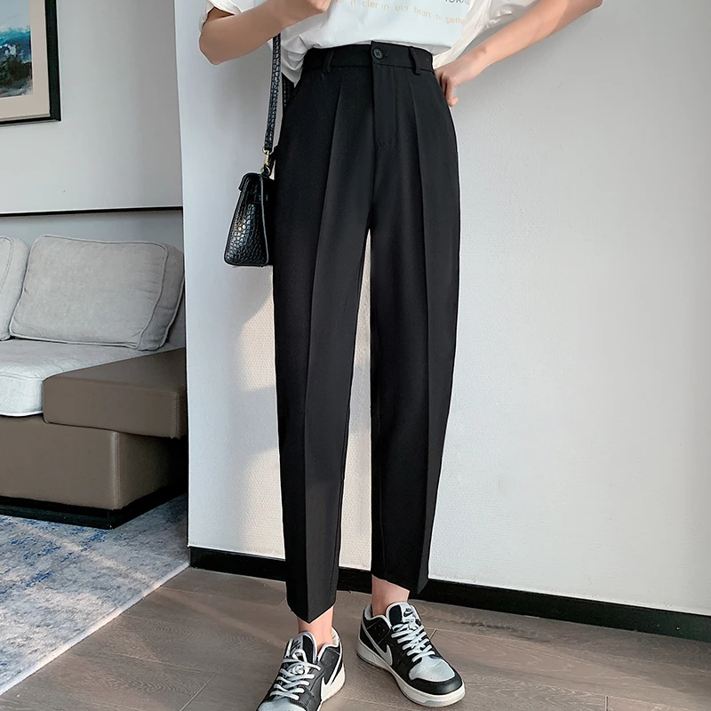 Elegant Ladies Suits Pants for Women 2022 Fashion Back Elastic Band Harem Office Work Pants with Pocket Black Beige