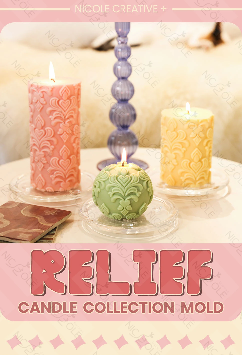 Description Picture 2 of itemBoowan Nicole Classic Patterns Relief Candle Silicone Mold Handmade Soap Mold DIY Scented Candle Making for Table Decor
