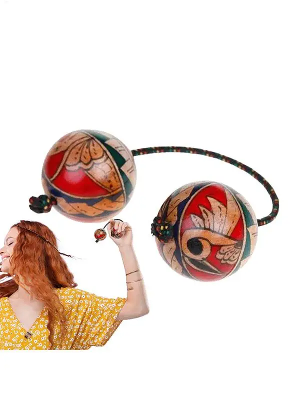 African Shaker Wood Double Ball Hand Percussion Instruments Hand-Painted Rhythmic Ball for Adults Teenagers Beginners
