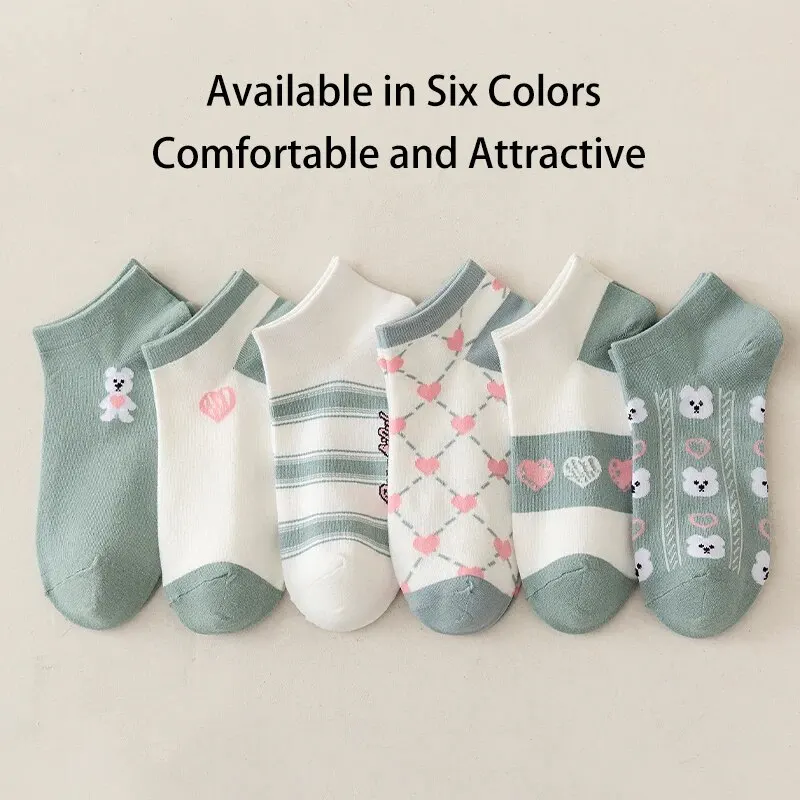 6 Pairs of Women's Spring and Summer Cute Bears Sweet Heart-shaped Stripes Fashion Trend Comfortable Low-cut Socks 2