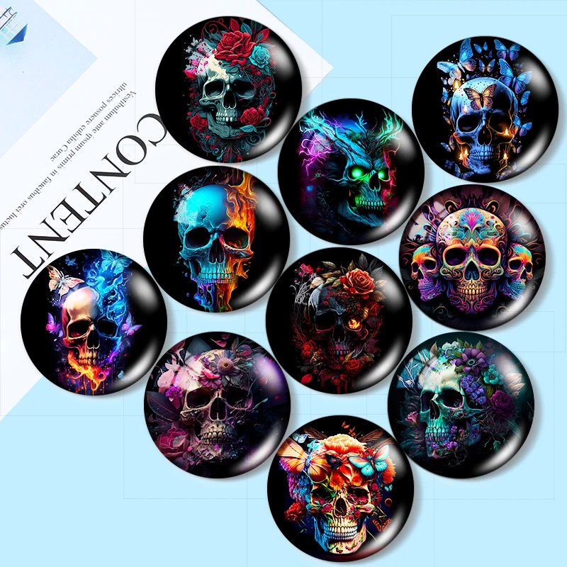 

New Lucky Skull Rose 10pcs 12mm/25mm/30mm Round photo glass cabochon demo flat backMaking findings