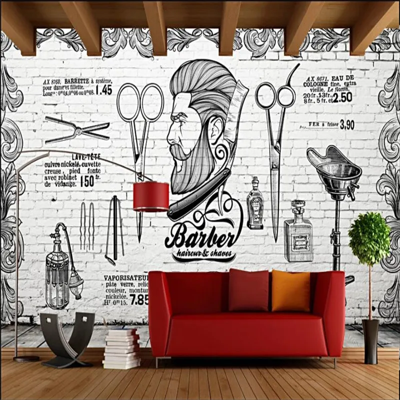 

British Retro Trend Barber Shop Gray Brick Background Wall Paper Hair Salon Industrial Decor Mural Wallpaper Papel De Parede 3d