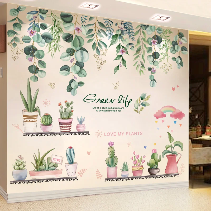 

Green Leaves Wall Stickers Vinyl DIY Potted Plant Wall Decals for Living Room Kids Bedroom Kindergarten Nursery Home Decoration