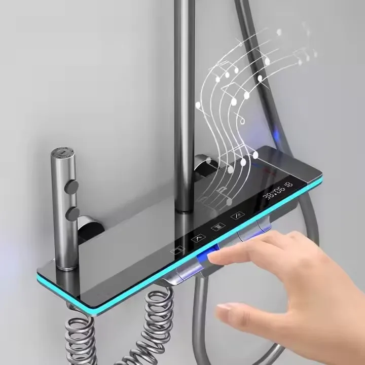 Smart Piano Digital Bathroom Shower Set Quality Brass Hot Cold Shower for Bathroom Fixture Black Digital Piano Shower System 3