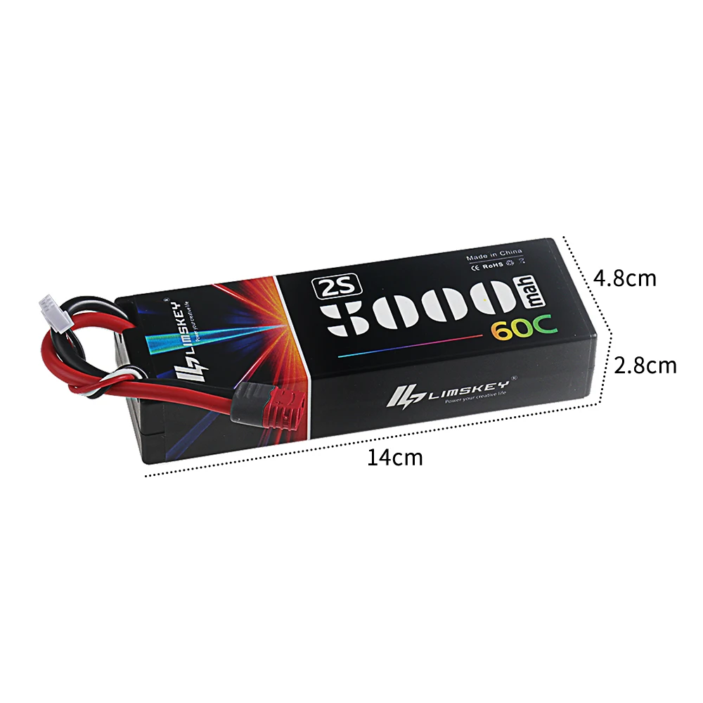 Batterie Lipo 2S posée sur une surface plane, étiquette visible avec spécifications 5000mAh 60C.